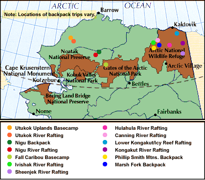 Map of arctic Alaska showing the location of 

          National Parks and Preserves and Arctic Treks' trips.